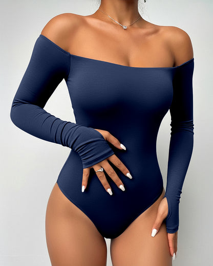 Off Shoulder Long Sleeve Slim Fit Versatile Bodysuit with Thumb Hole Cuffs