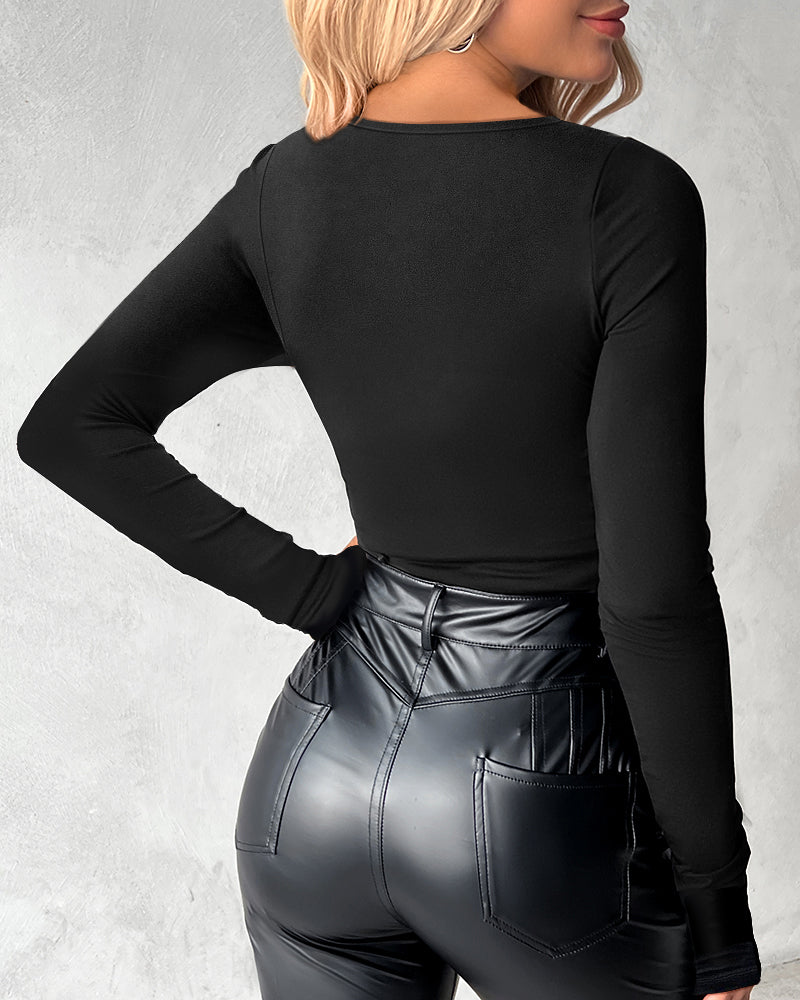 Rhinestone Decor Sweetheart Neck Long Sleeve Slim Fit Tee Bowknot Decor Casual Top with Thumb Hole Cuffs