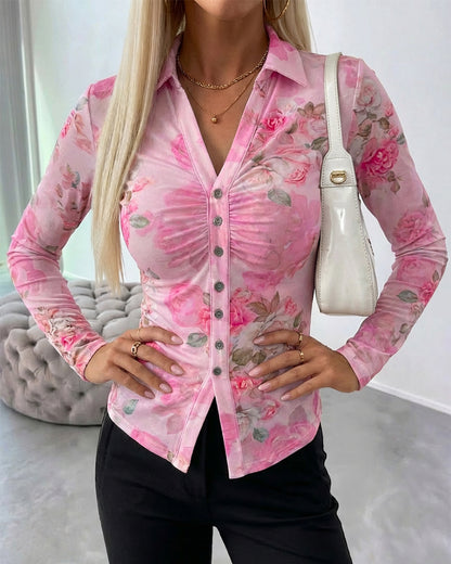 Floral Print Turn-down Collar V-Neck Button Front Shirt Slim Fit Long Sleeve Ruched Sheer Mesh Top with Lining