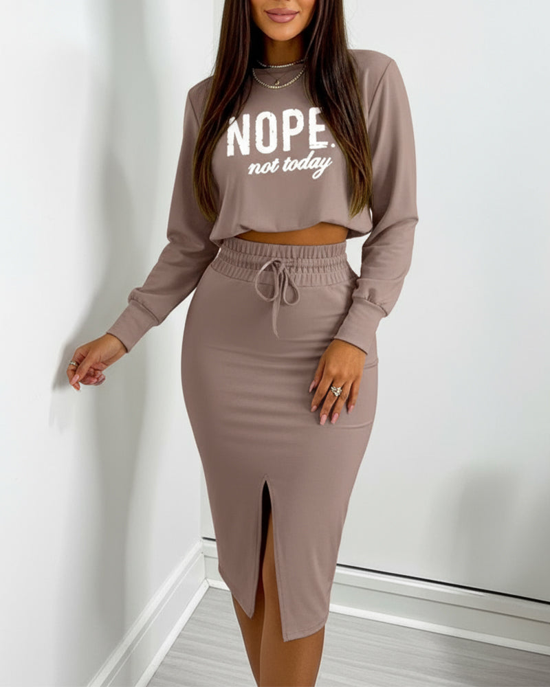 2 Pieces Outfit NOPE. not today Slogan Print Long Sleeve Stretchy Hem Crop Top and High Waist Drawstring Elastic Waist Slit Casual Skirt Set