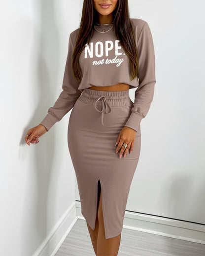 2 Pieces Outfit NOPE. not today Slogan Print Long Sleeve Stretchy Hem Crop Top and High Waist Drawstring Elastic Waist Slit Casual Skirt Set