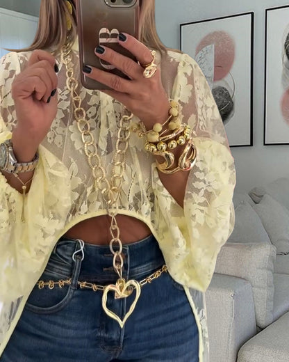 Mock Neck Lantern Sleeve High-Low Hem Floral Lace Sheer Top