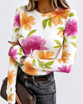 Women's Floral Print Long Sleeve Top Slim Fit Tee with Thumb Holes