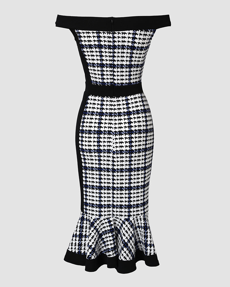 Houndstooth Print Off Shoulder Bodycon Dress Ruffle Hem Vintage Mid-length Dress