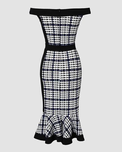 Houndstooth Print Off Shoulder Bodycon Dress Ruffle Hem Vintage Mid-length Dress