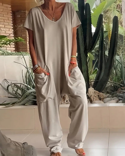 V-Neck High Stretch Tapered Drop-Crotch Casual Jumpsuit With Pockets