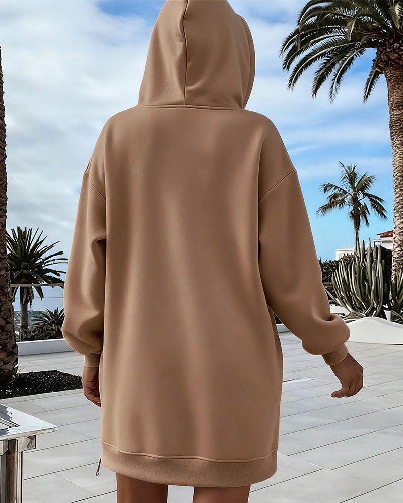 Long Sleeve Pocket Design Pullover Sweatshirt Casual Faux Two Piece Longline Drawstring Hooded Top