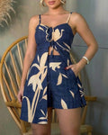 Women's 2 Piece Tropical Floral Vacation Set Sweetheart Neck Slit Cami Top and Shorts Set Casual Beach Outfits