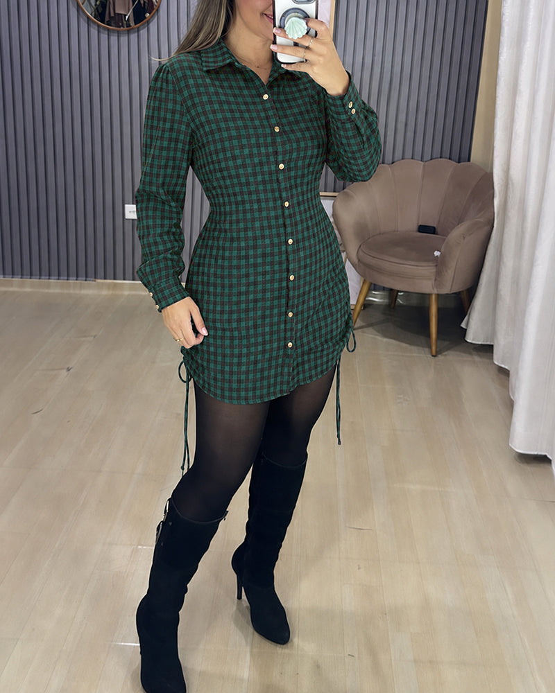 Women's Vintage Plaid Drawstring Long Sleeve Casual Dress Shirred Button Down Shirt Dress