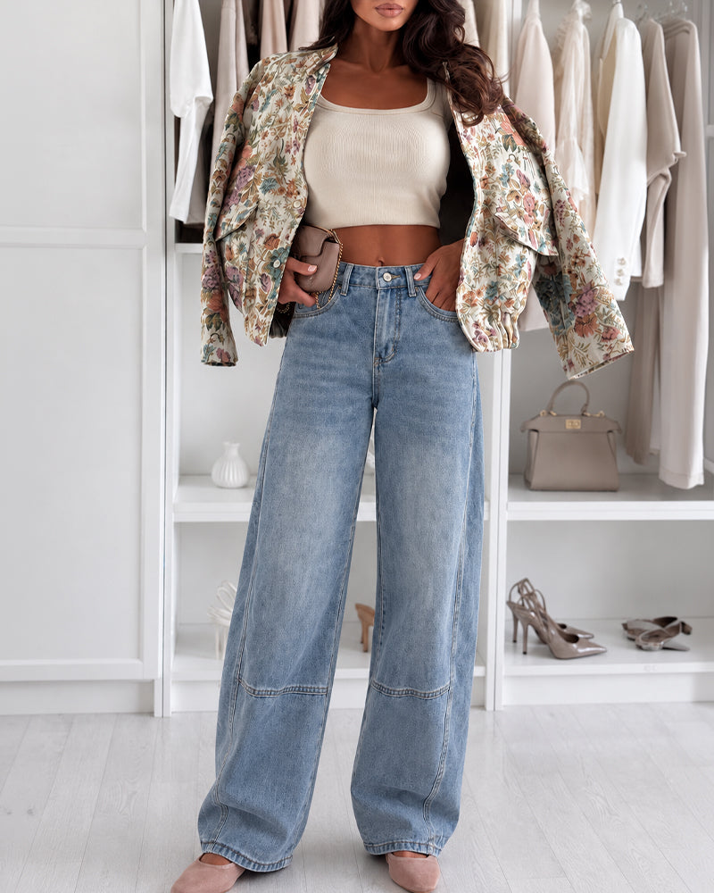 Women's High Waist Seam Detail Washed Wide Leg Cropped Jeans