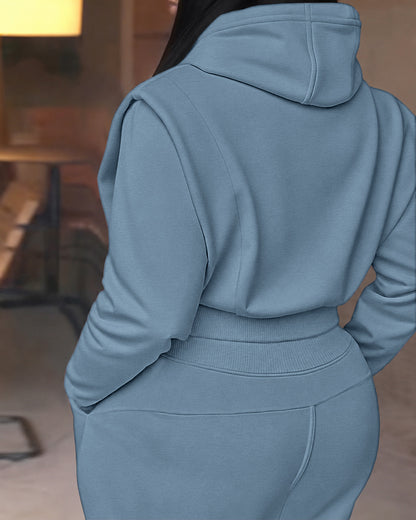 2-teiliges Outfit, langärmliges, kurzes Kapuzenpullover-Sweatshirt mit Kordelzug, Bündchen mit Daumenlöchern und lässigem Jogginghosen-Set mit Kordelzug und elastischer Taille mit weitem Bein 