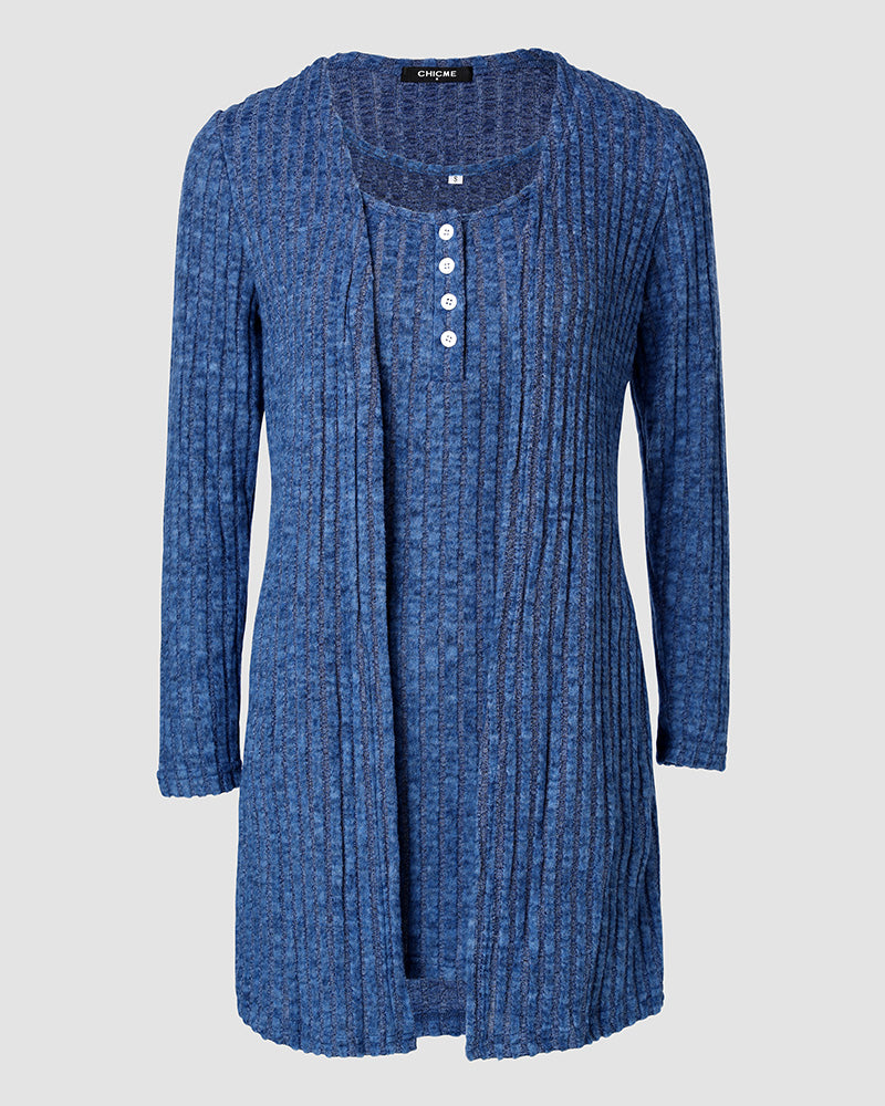 2 Pieces Outfit U-Neck Thick Strap Button Front Slim Fit Ribbed Knit Dress and Casual Long Sleeve Pockets Design Open Front Cardigan Coat Set