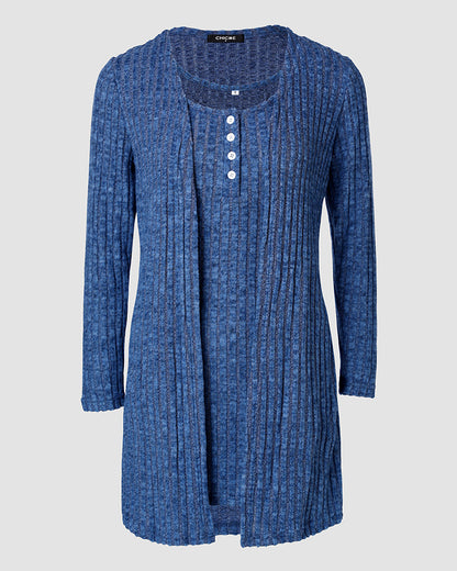 2 Pieces Outfit U-Neck Thick Strap Button Front Slim Fit Ribbed Knit Dress and Casual Long Sleeve Pockets Design Open Front Cardigan Coat Set