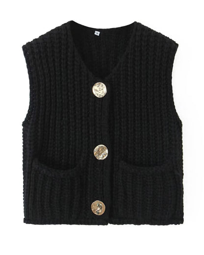 V-Neck Sleeveless Button Front Knit Vest Casual Loose Fit Sweater Top with Pockets