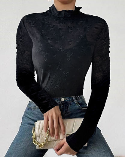Lace Frill Hem Mock Neck Long Sleeve T-Shirt Sexy Floral Sheer Mesh Hollow Out Top