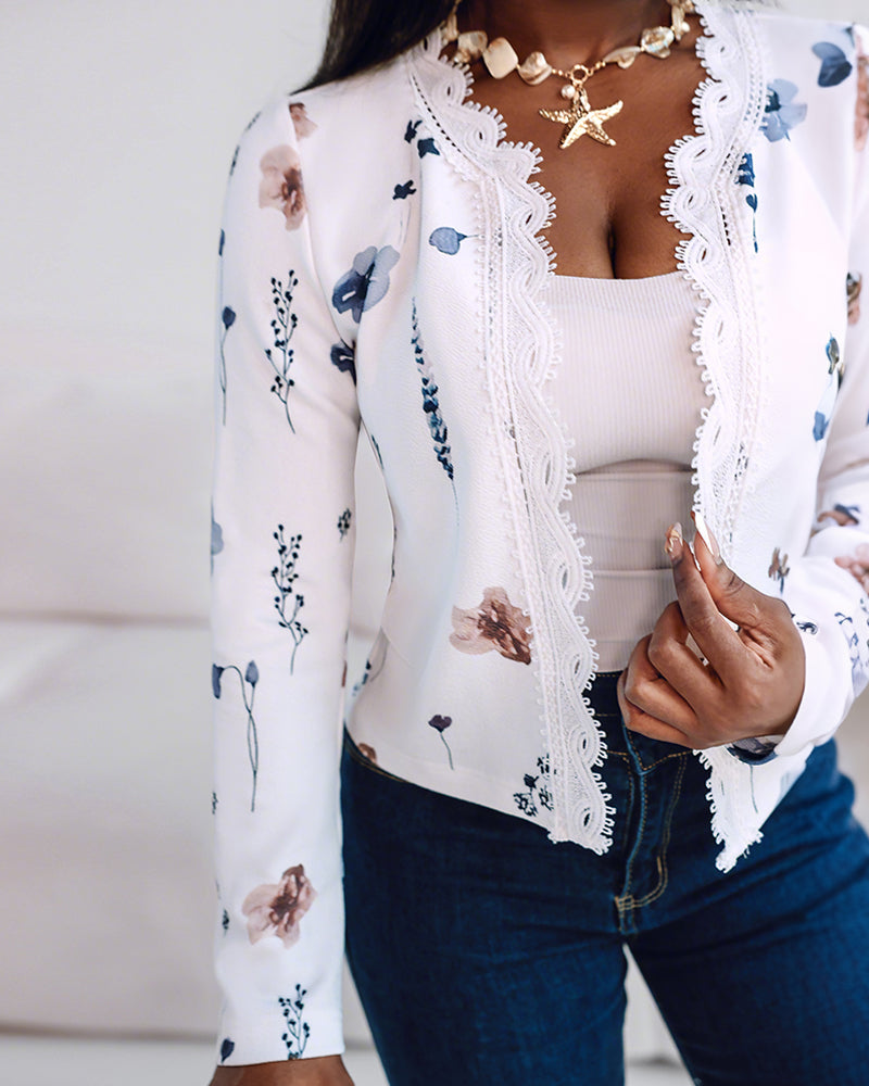 Floral Print Open Front Long Sleeve Casual Contrast Lace Short Cardigan