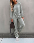 Women's 2 Piece Outfits Lace Patchwork Long Sleeve Top and Knot Front Straight Leg Pants Set Casual Matching Lounge Set
