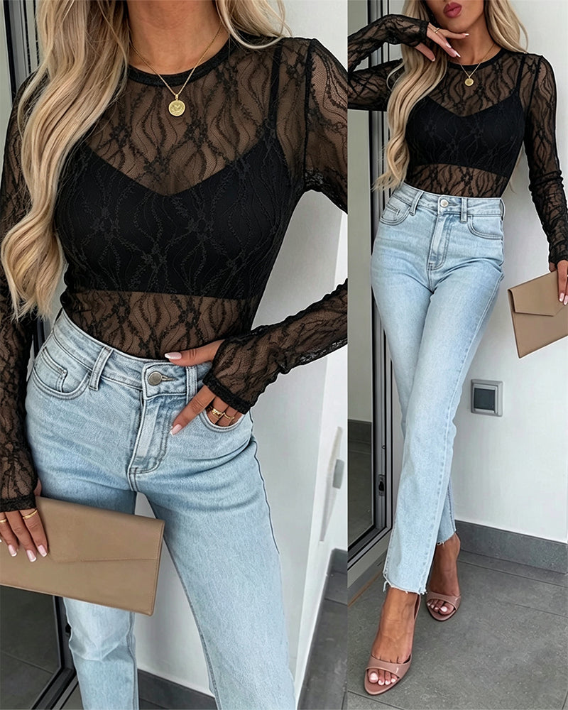 Women's Jacquard Textured Sheer Lace Long Sleeve Top Crewneck Slim Fit Tee with Thumb Holes