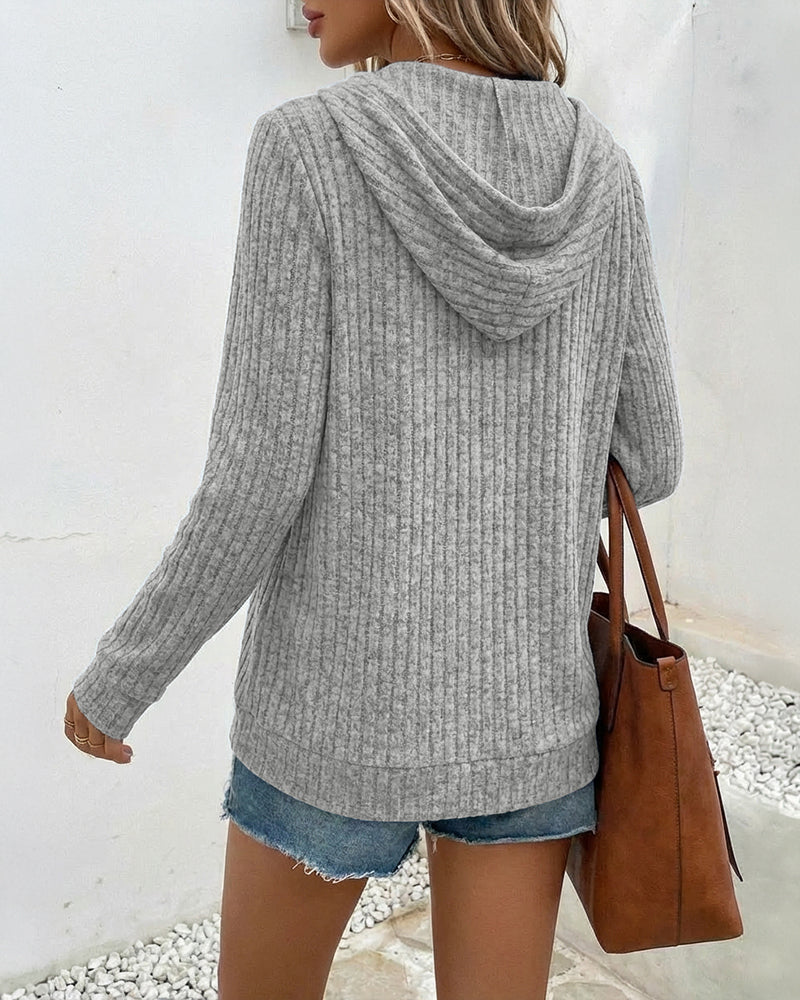 Long Sleeve Half Button Front Drawstring Hoodie Sweatshirt Casual Ribbed Brushed Top