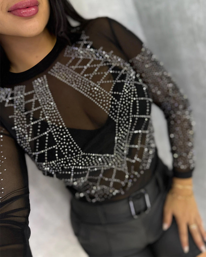 Women's Geometric Rhinestone Sheer Mesh Round Neck Long Sleeve Slim Fit Top