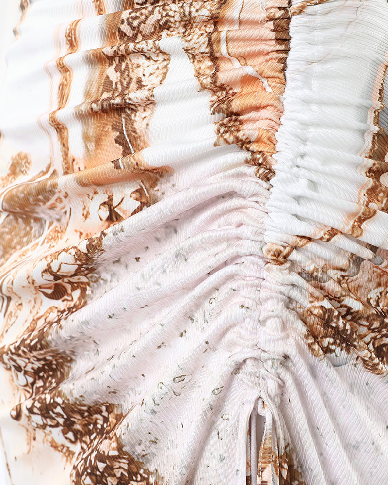 Marble Print Ribbed Drawstring Ruched High Slit Dress