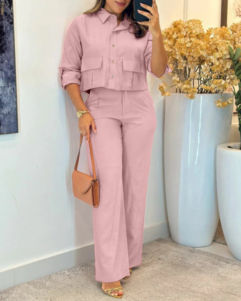 2 Pieces Outfit Turn-down Collar Turn-Up Sleeves Button Front Flap Pockets Design Top and Causal Zipper Fly Elastic Back Waist Wide Leg Pants Set