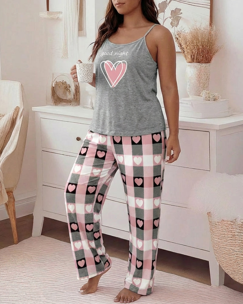 2 Pieces Outfit Heart & Good Night Slogan Print U-Neck Adjustable Spaghetti Straps Cami Top and Plaid & Heart Print Elastic Waist Wide Leg Pants Set Casual Pajamas Set
