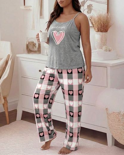 2 Pieces Outfit Heart & Good Night Slogan Print U-Neck Adjustable Spaghetti Straps Cami Top and Plaid & Heart Print Elastic Waist Wide Leg Pants Set Casual Pajamas Set