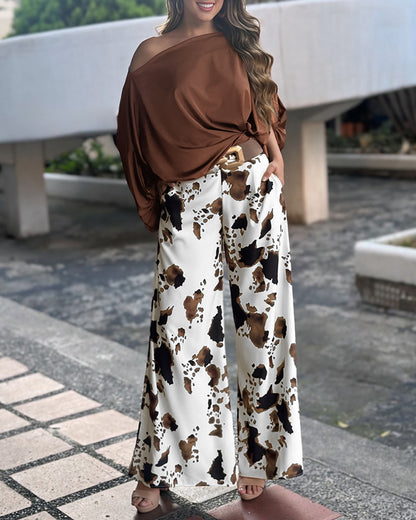 2 Pieces Outfit Skew Neck Batwing Sleeve Loose Fit Top and Cow Print Elastic Back Waist Zipper Side Wide Leg Pants Set without Belt