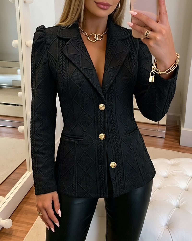 Women's Elegant Argyle Textured Blazer Slim Fit Puff Sleeve Suit Jacket Gold Button Work Office Commuter Blazer with Pockets