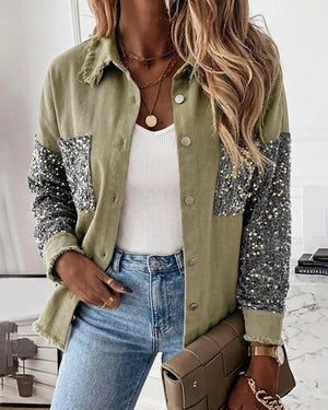 Damen-Jeansjacke mit Pailletten-Patchwork und ungesäumtem Saum, Knopfleiste, langärmlig, mit Taschen