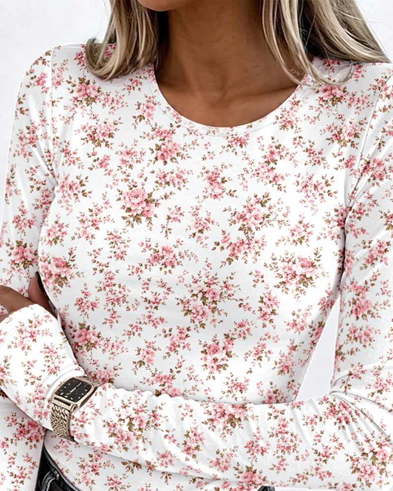 Women's Ditsy Floral Print Crew Neck Long Sleeve Slim Fit Top with Thumbholes