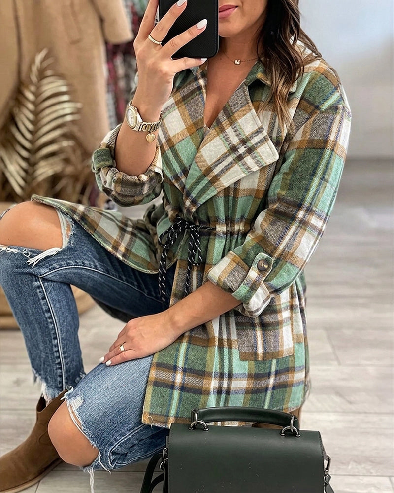 Women's Plaid Drawstring Waist Lapel Mid Length Coat Casual Roll Up Sleeve Jacket