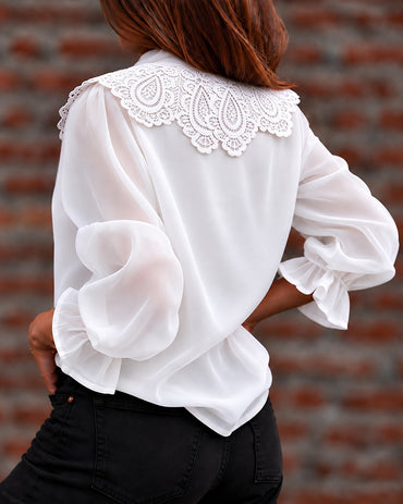 Langärmlige Chiffon-Bluse mit Guipure-Spitze und gespleißtem Bindekragen für Damen