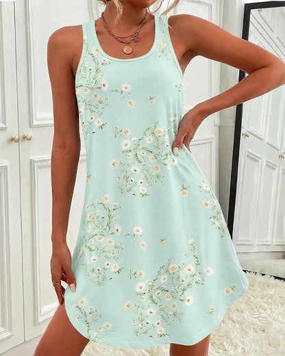 Women's Loose Casual Tank Dress U-Neck Racerback Sleeveless Curved Hem Mini Dress