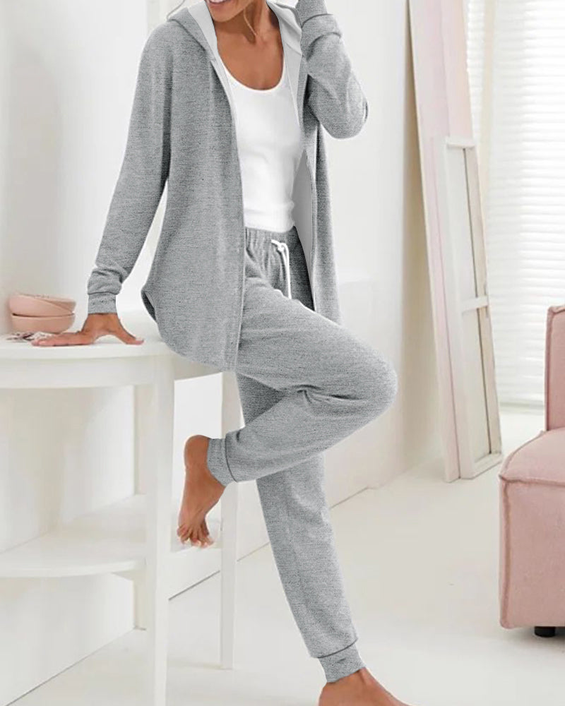 2 Piece Open Front Long Sleeve Hooded Top Drawstring Cuffed Pants Lounge Outfit Tracksuit Set