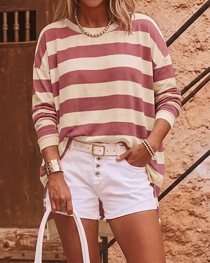 Women's Striped T Shirt Long Sleeve Drop Shoulder Crewneck Tee Side Slit Casual Loose Fit Top