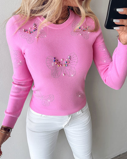 Rhinestone Butterfly Pattern Knit Sweater Beaded Crewneck Long Sleeve Pullover Top