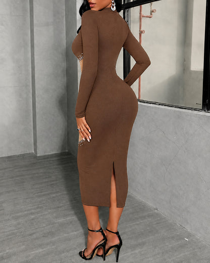 Damen-Midikleid mit durchsichtigem Netzstoff und Strasssteinen, Patchwork, langärmelig, Mock-Neck-Schlitzkleid