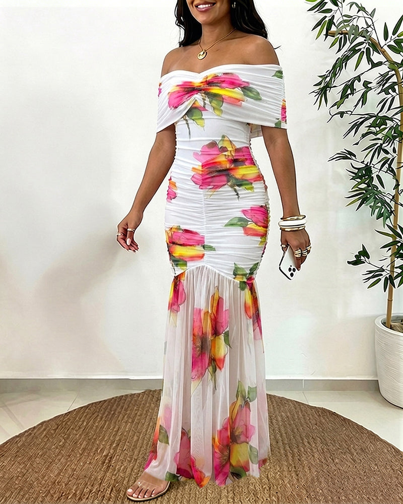 Women's Off Shoulder Floral Mesh Maxi Dress Ruched Bodycon Mermaid Dress Elegant Evening Gown with Detachable Clear Straps