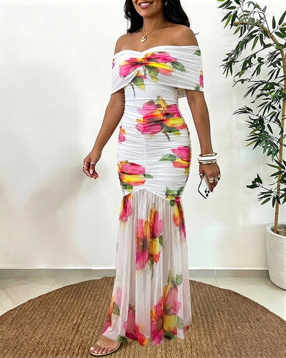 Women's Off Shoulder Floral Mesh Maxi Dress Ruched Bodycon Mermaid Dress Elegant Evening Gown with Detachable Clear Straps