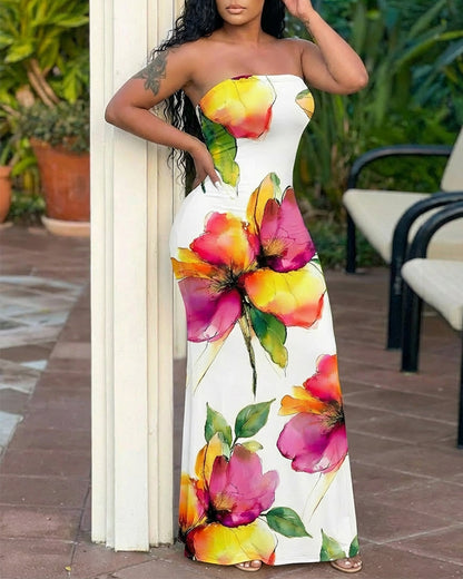 Watercolor Floral Print Slim Fit Stretchy Maxi Dress Chic Tube Dress