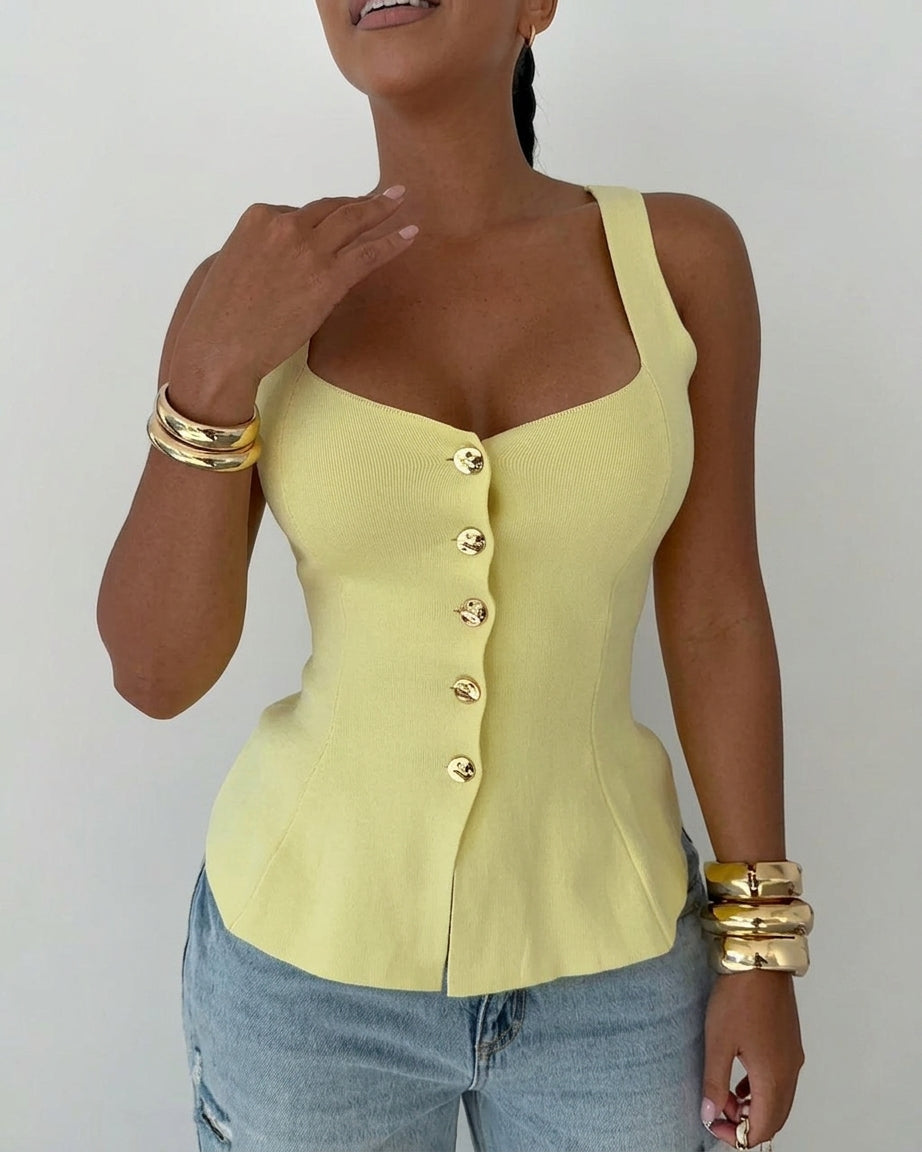 Women's Square Neck Knit Tank Top Gold Button Cinch Waist Peplum Vest