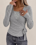 Women's Rhinestone Faux Two-Piece Long Sleeve Wrap Top with Side Tie