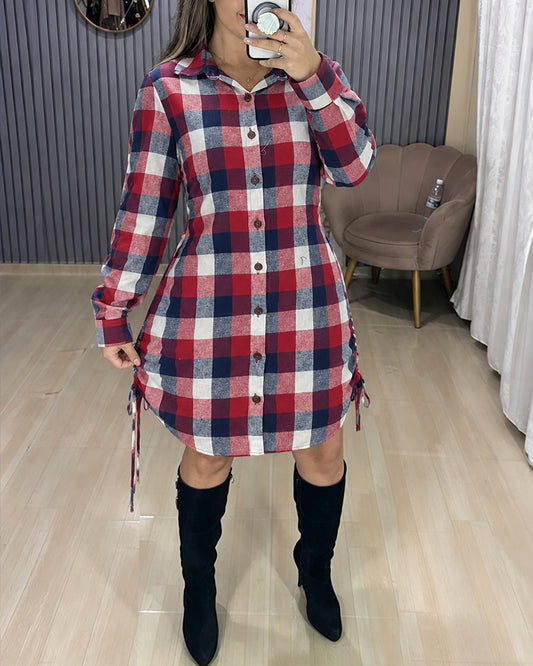Women's Plaid Shirred Back Waist Shirt Dress Single Breasted Long Sleeve Casual Dress