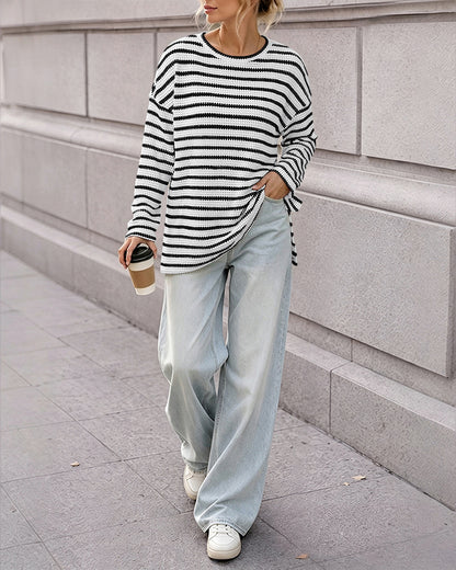 Women's Striped Textured Knit Long Sleeve T-Shirt Casual Side Slit Loose Fit Top