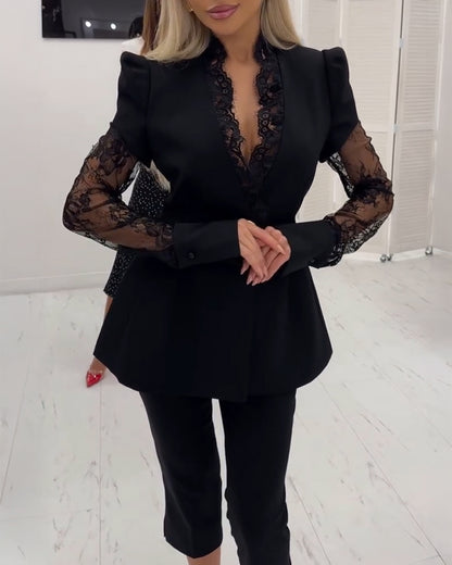 Eyelash Lace Trim Deep V-Neck Puff Sleeve Single Breasted Coat Lace Spliced Waist A-Line Blazer Coat