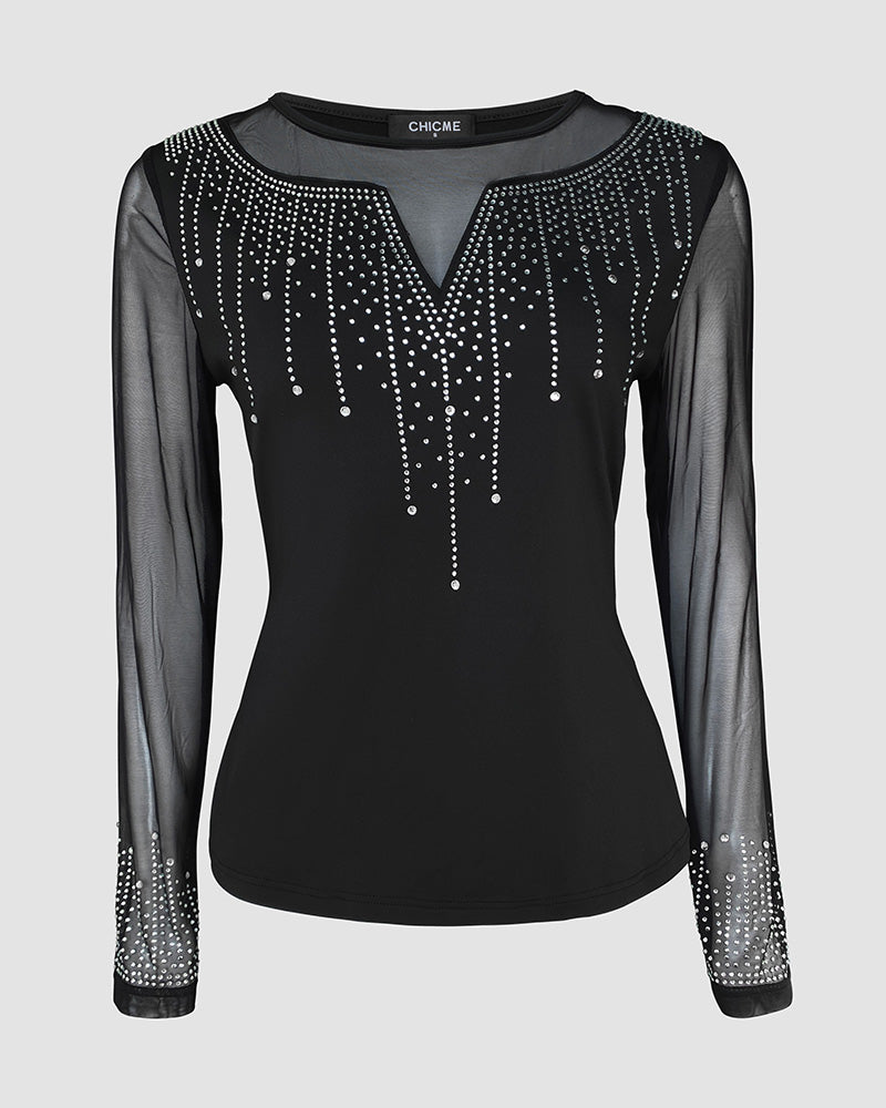 Rhinestone Decor Long Sleeve Sheer Mesh Spliced Tee Slim Fit Top