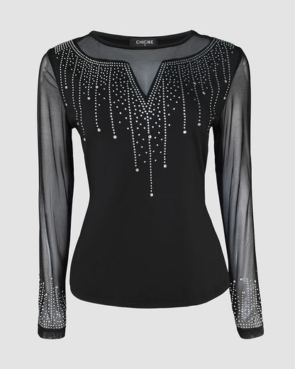 Rhinestone Decor Long Sleeve Sheer Mesh Spliced Tee Slim Fit Top