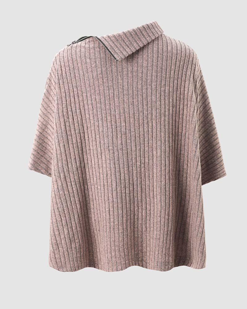 Women's 2 Piece Ribbed Knit Set Asymmetrical Zipper Turtleneck Batwing Sleeve Top and Pants Casual Loungewear